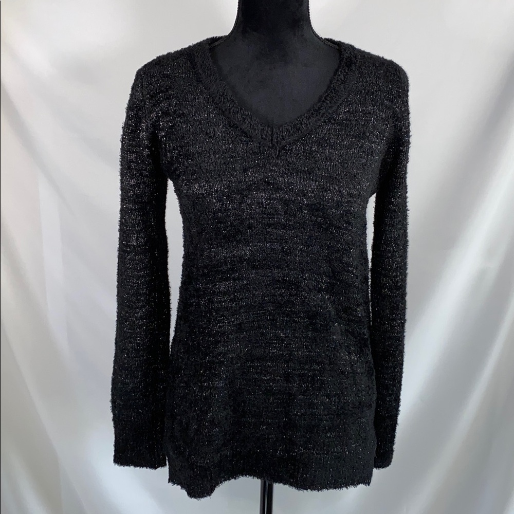 NY Collection Metallic Silver Black V-Neck Small Faux Fur Sweater S